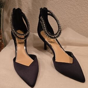 Badgley Mischka Black Heels Designer Black Satin with Rhinestone Straps